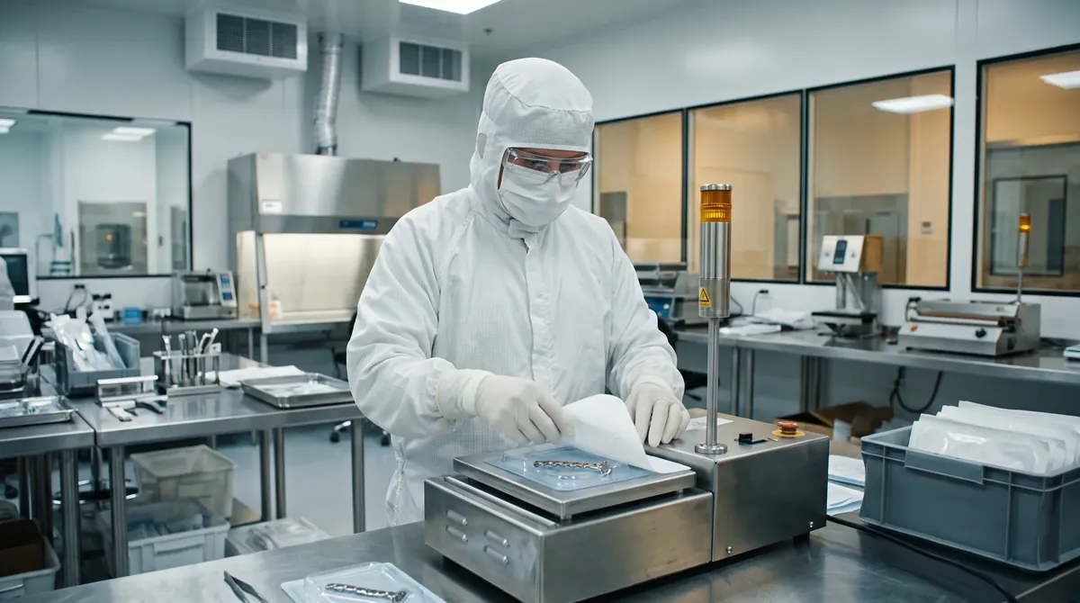 A gowned operator working in a cleanroom