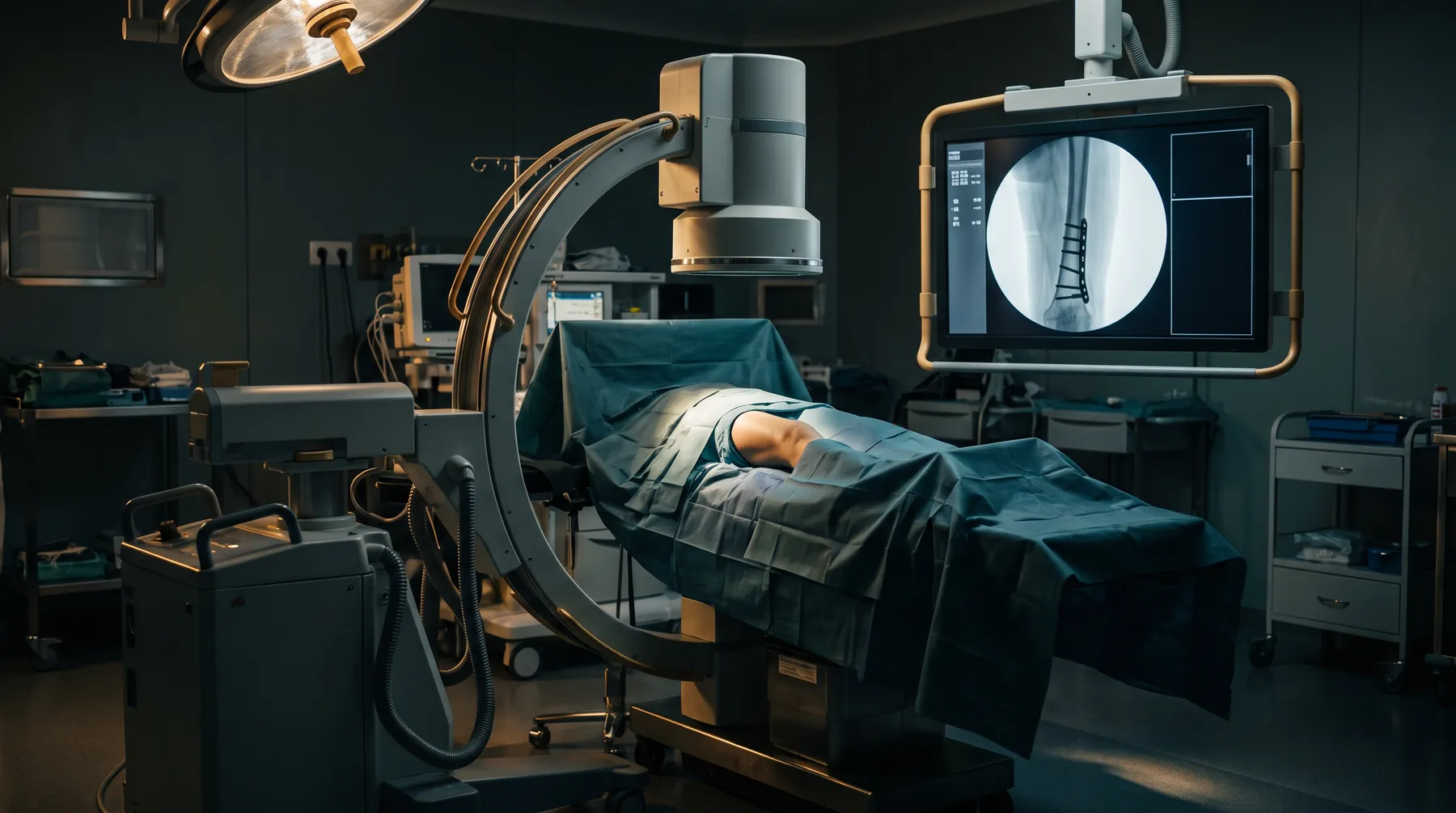 An operating theatre with a mobile X-ray (C-arm) beside the table