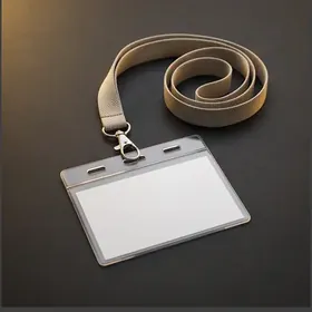 A visitor badge on a lanyard