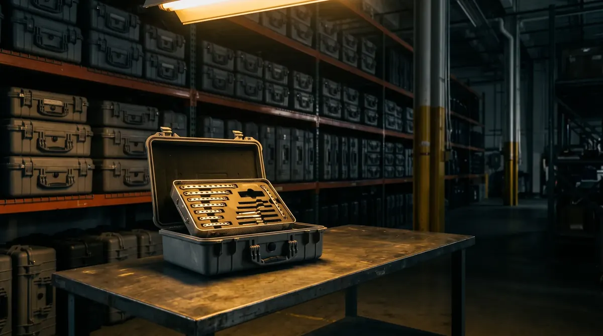 An open loaner case of instrument trays on a bench in a warehouse of cases