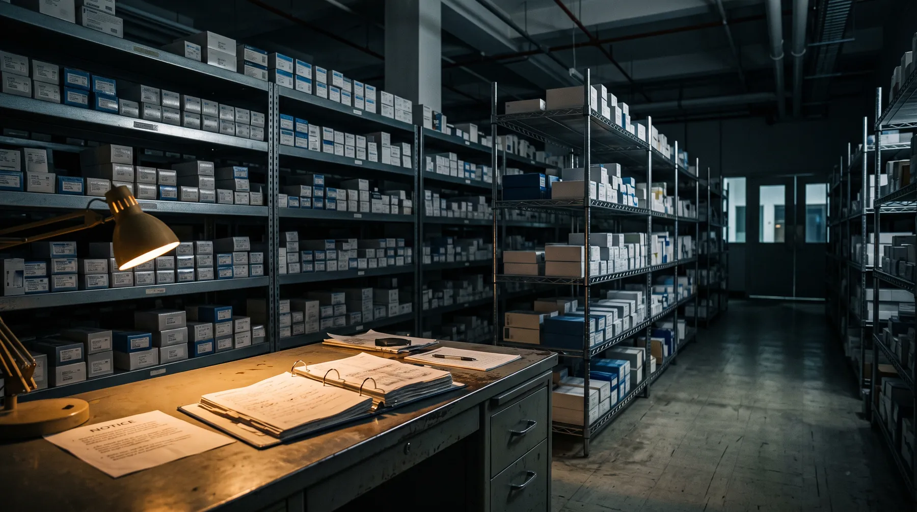 Shelves of controlled records in a quality office