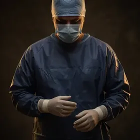A surgeon in theatre clothes, gloved