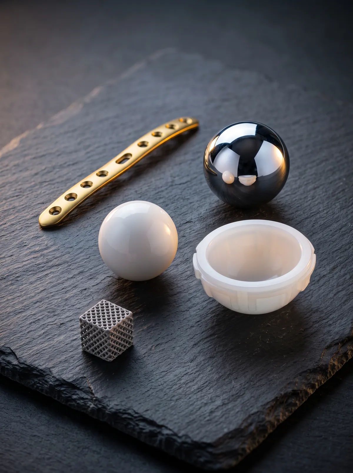 Implant materials on slate: a titanium plate, metal and ceramic heads and a polyethylene liner