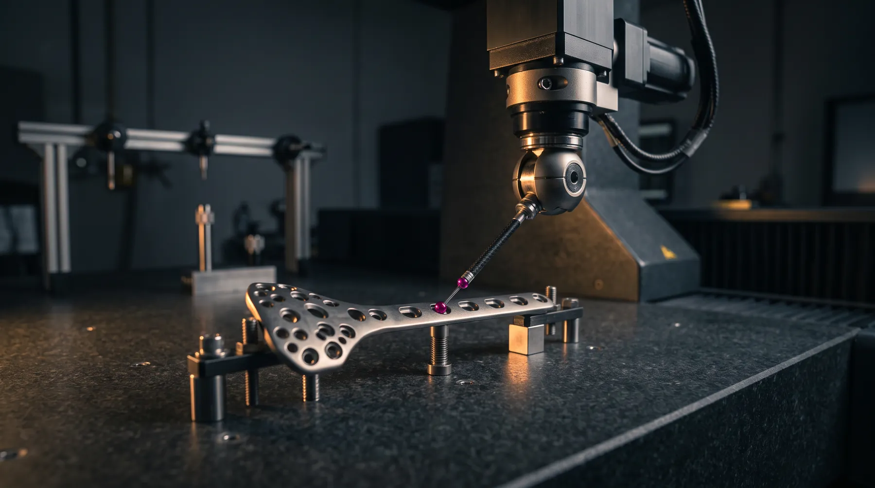 A coordinate measuring machine checking an implant