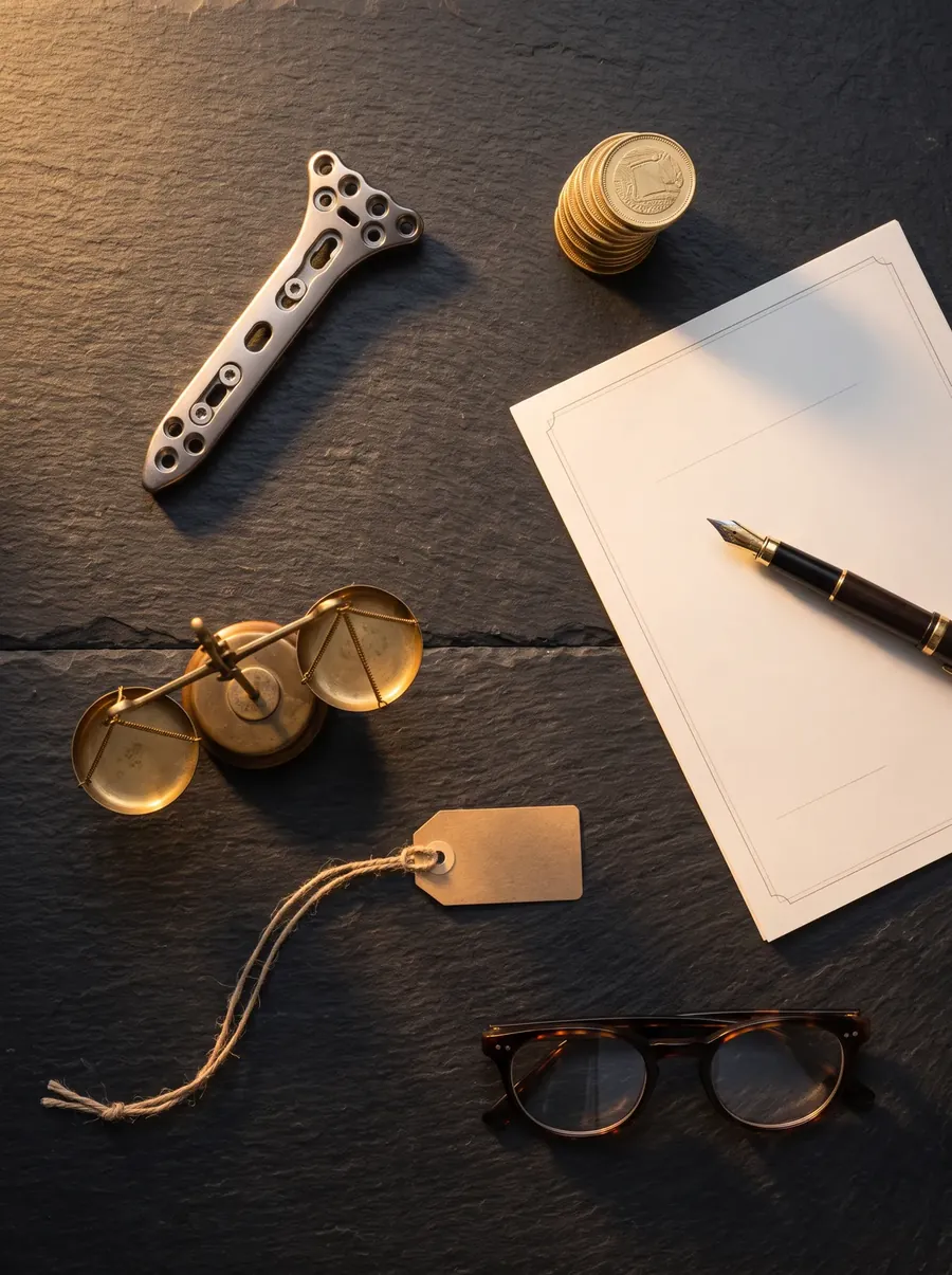 An implant, a contract and a pen on a desk